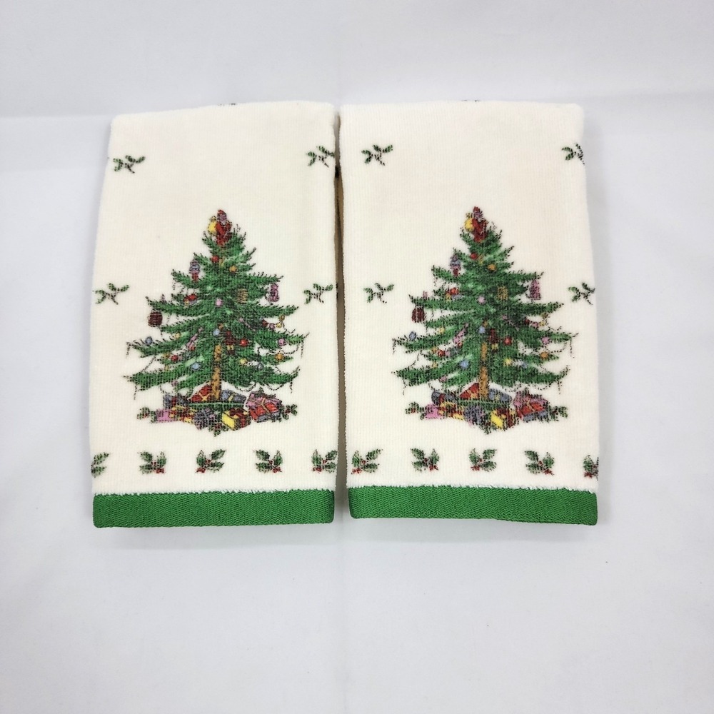 SPODE Christmas Tree Terry Cotton Hand Towels Holiday Guest Kitchen Decor Set 2
